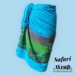 Hand-printed Bright Blue Natural Fiber Surrong Gradient Sky African Animal Silho